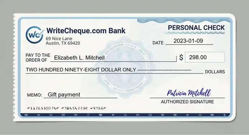 Cheque example for 298