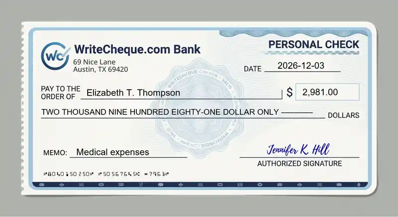 Cheque example for 2981