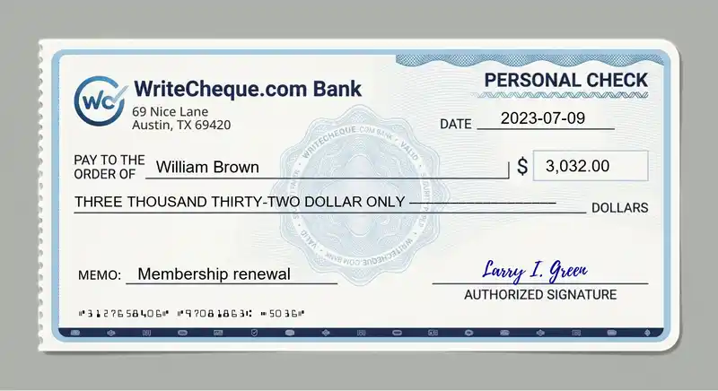 Cheque example for 3032
