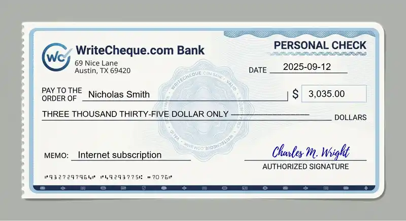 Cheque example for 3035