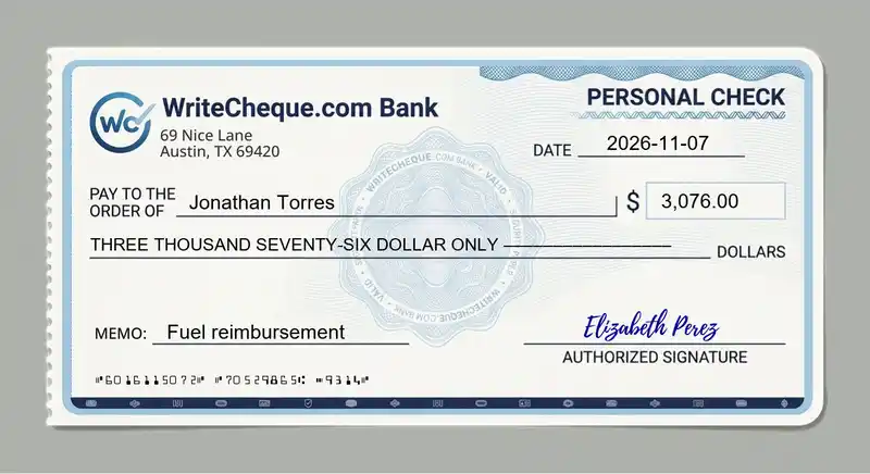 Cheque example for 3076