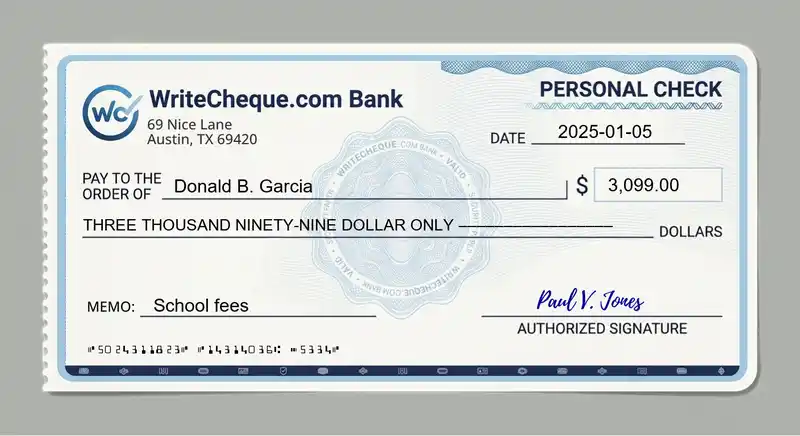 Cheque example for 3099