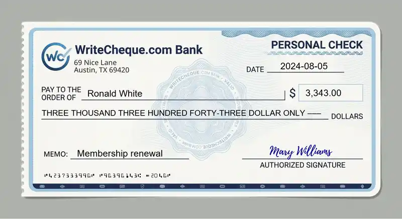 Cheque example for 3343