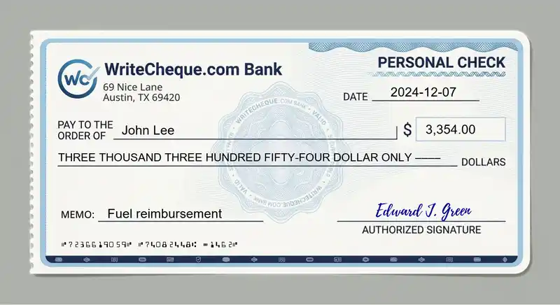 Cheque example for 3354