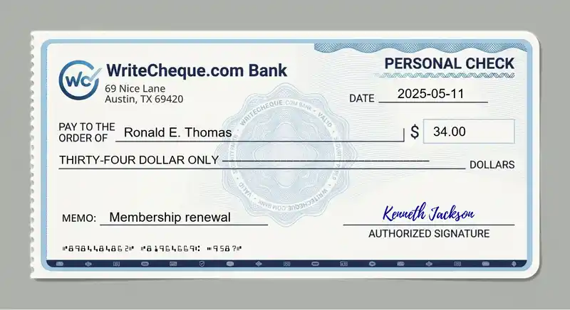 Cheque example for 34