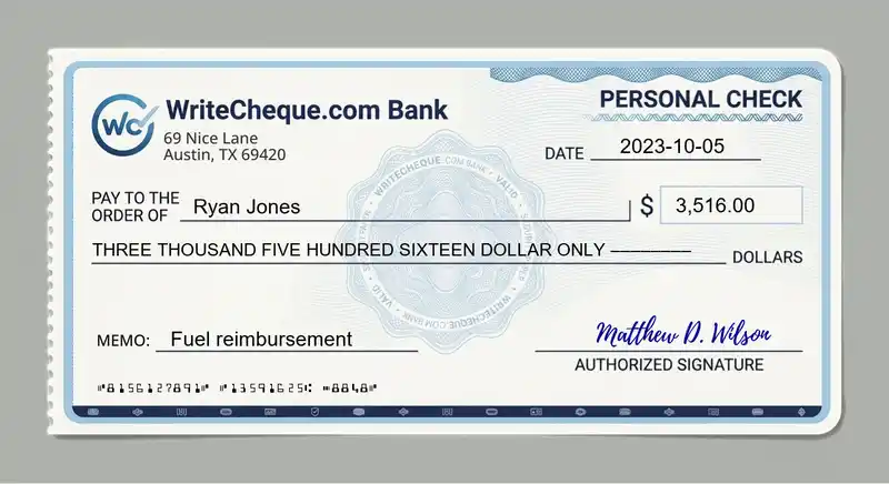 Cheque example for 3516