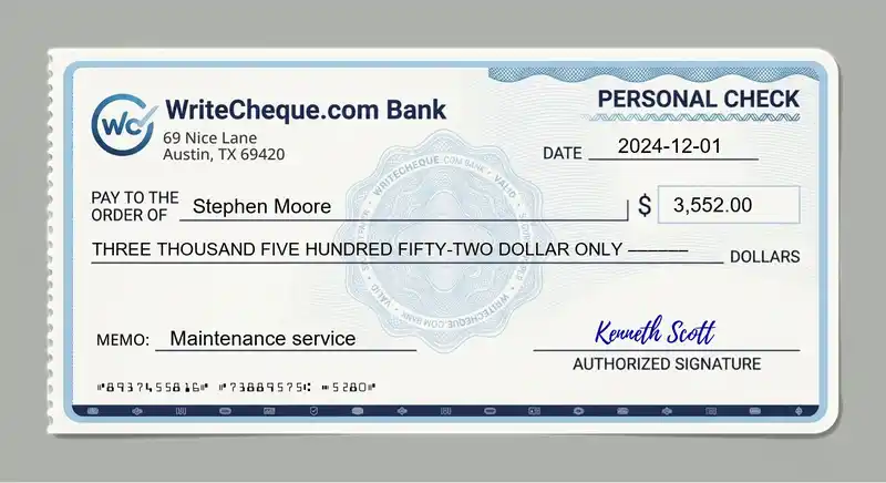 Cheque example for 3552