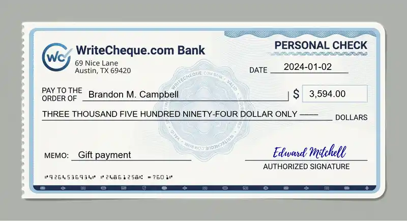 Cheque example for 3594