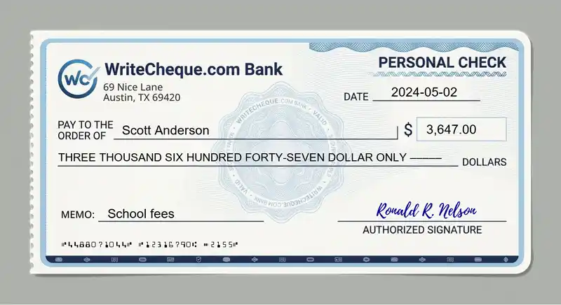 Cheque example for 3647