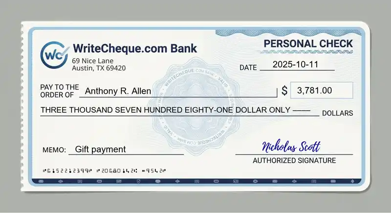 Cheque example for 3781
