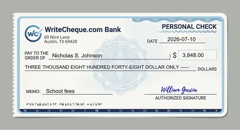 Cheque example for 3848