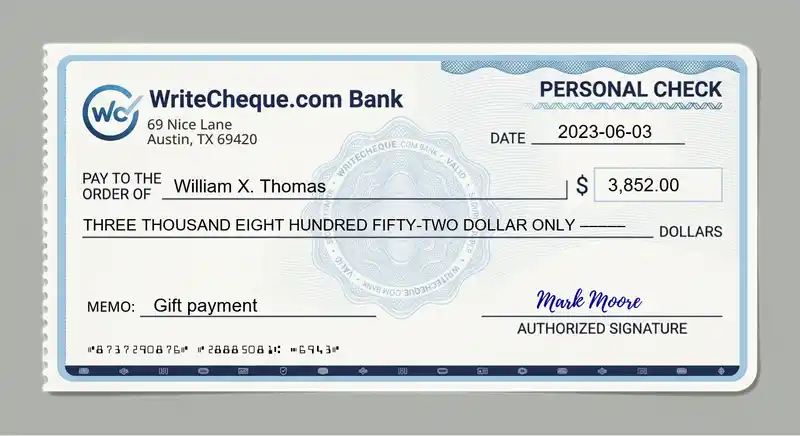 Cheque example for 3852