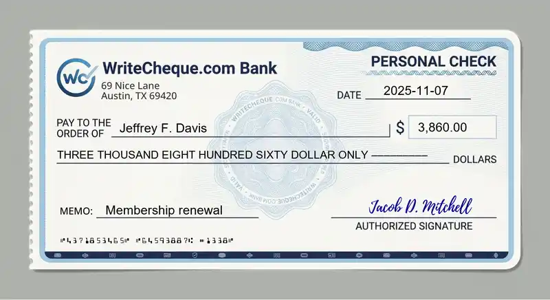 Cheque example for 3860