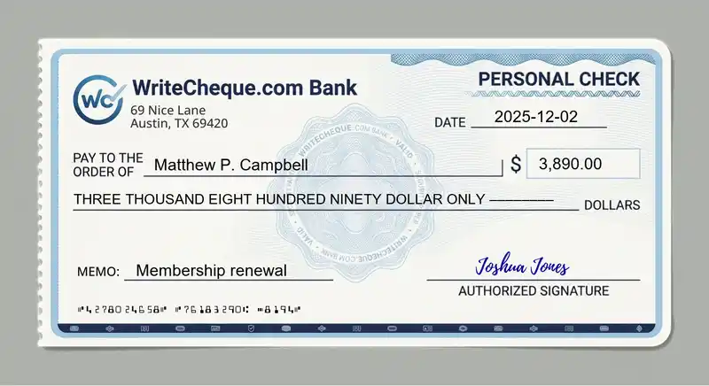 Cheque example for 3890