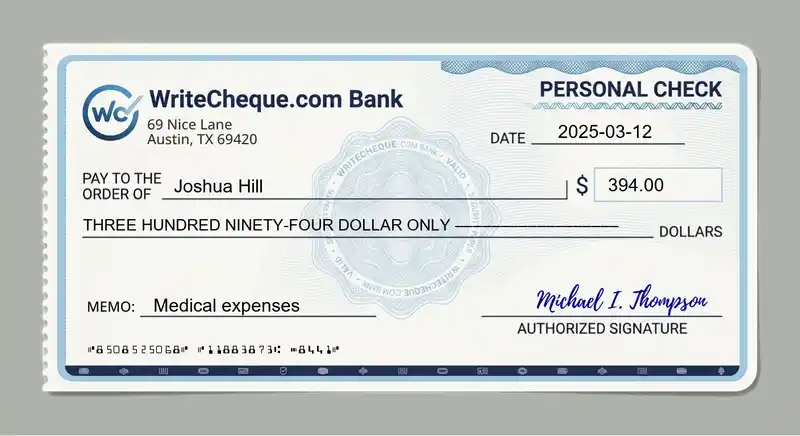 Cheque example for 394