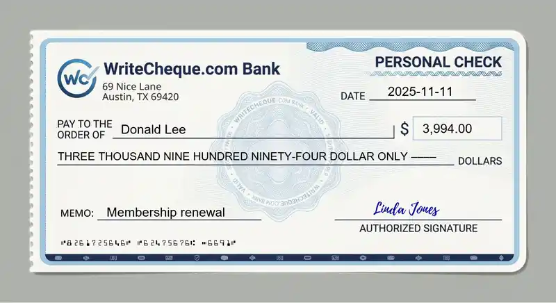 Cheque example for 3994
