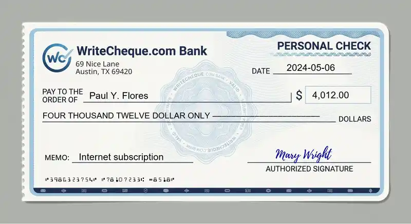 Cheque example for 4012