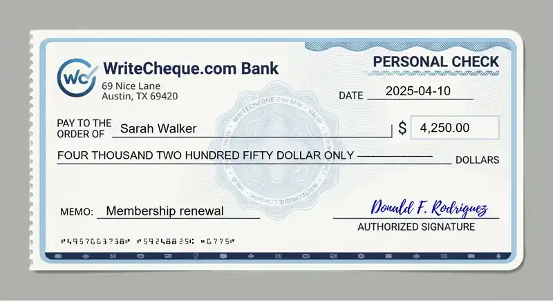 Cheque example for 4250
