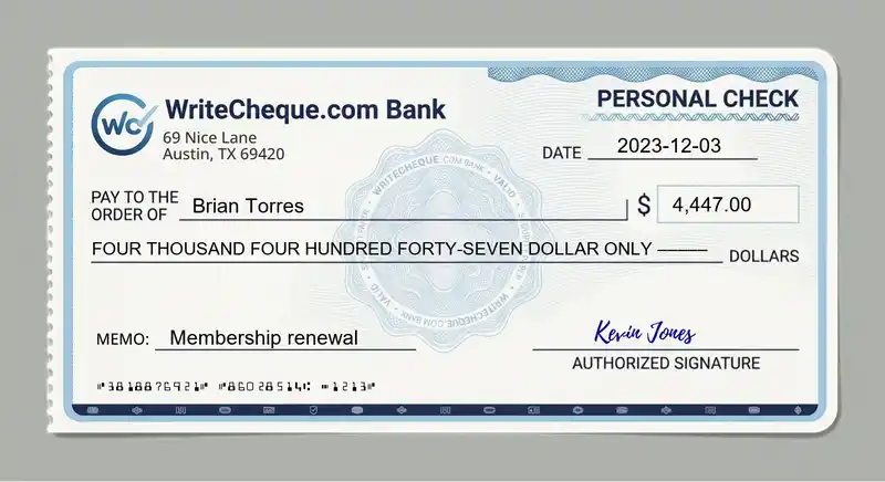 Cheque example for 4447