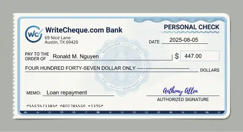 Cheque example for 447