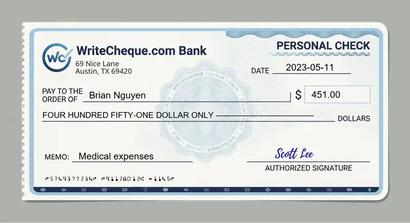 Cheque example for 451