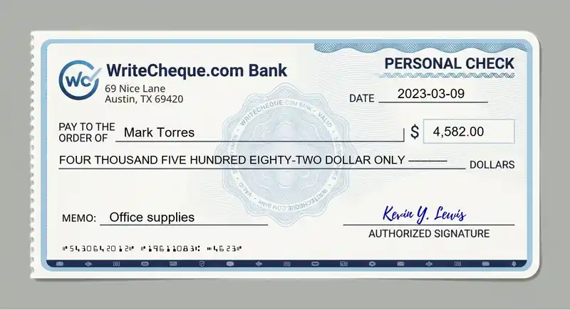 Cheque example for 4582