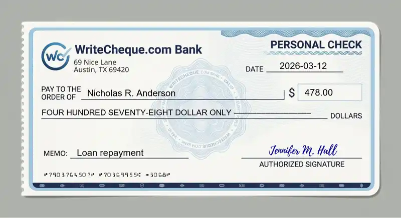 Cheque example for 478