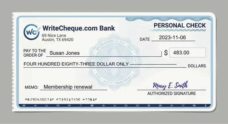 Cheque example for 483