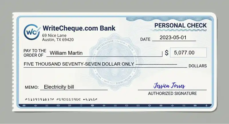 Cheque example for 5077