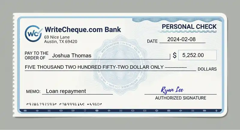 Cheque example for 5252