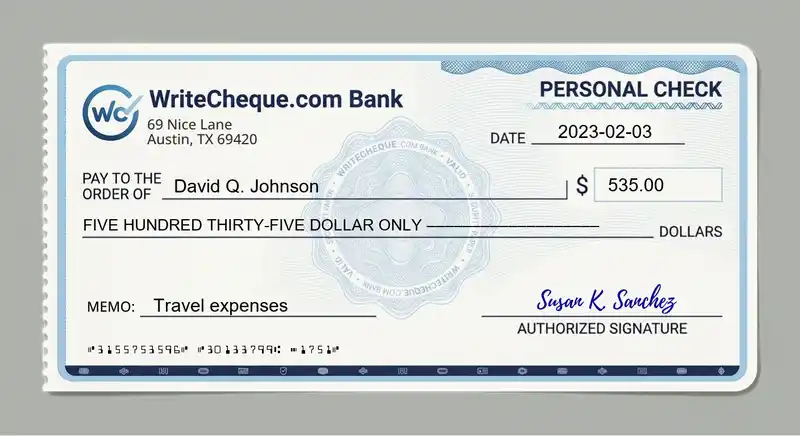 Cheque example for 535