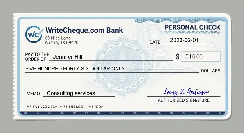 Cheque example for 546