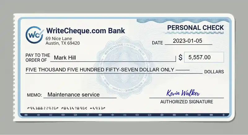 Cheque example for 5557