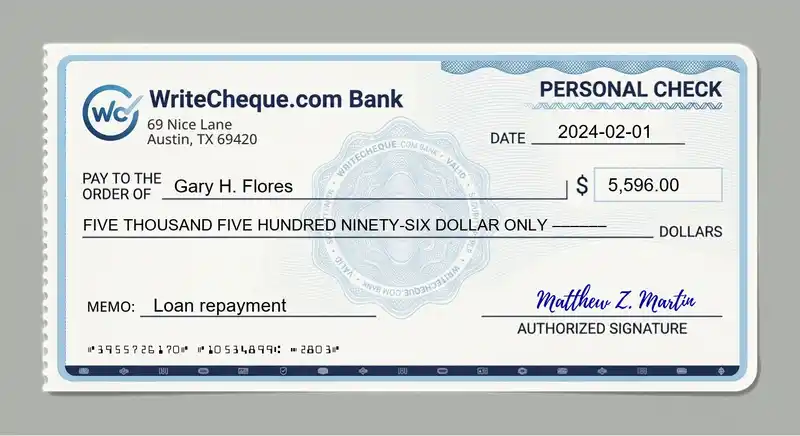 Cheque example for 5596