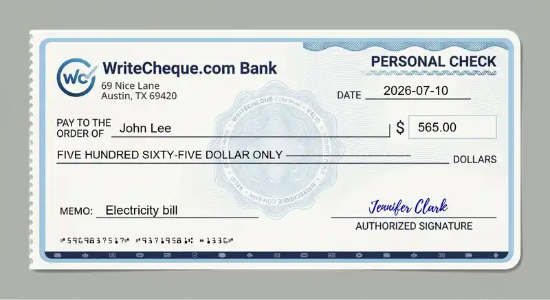 Cheque example for 565
