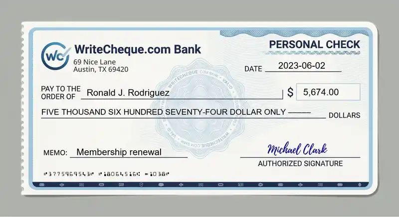 Cheque example for 5674
