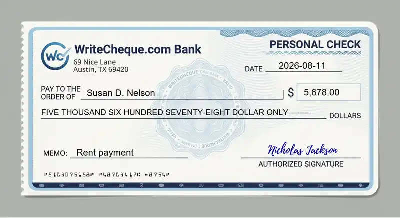 Cheque example for 5678