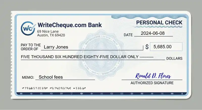 Cheque example for 5685