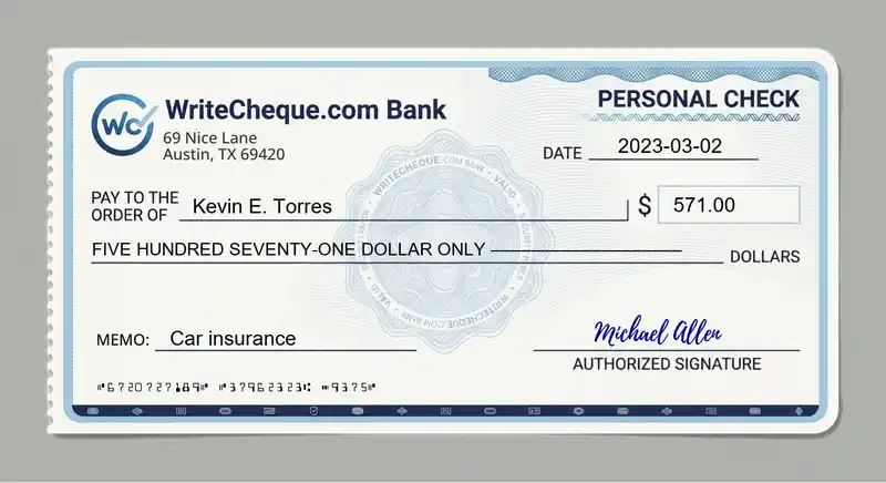 Cheque example for 571