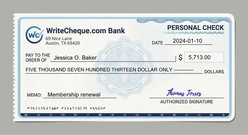Cheque example for 5713