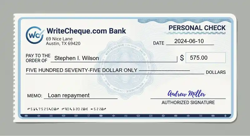 Cheque example for 575