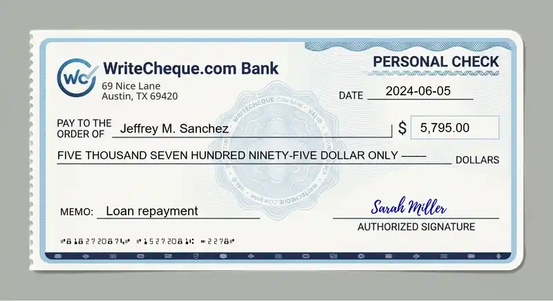 Cheque example for 5795
