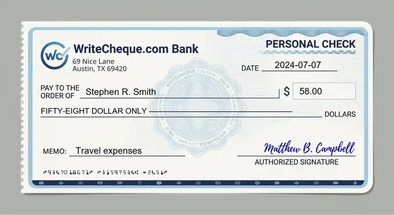 Cheque example for 58