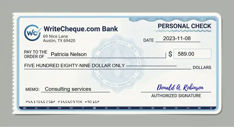Cheque example for 589