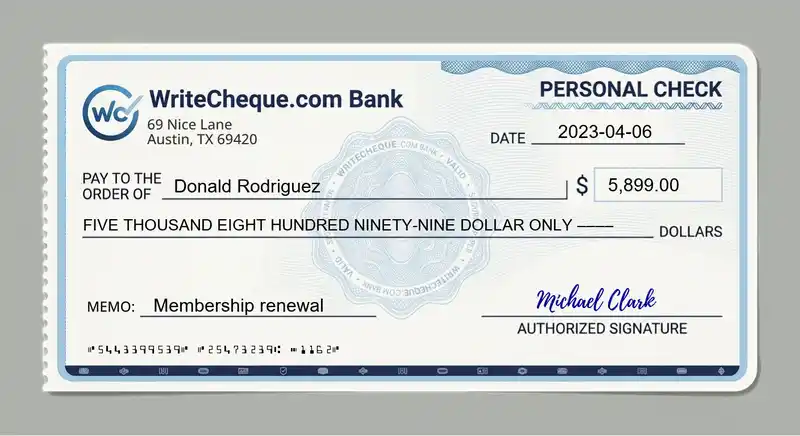 Cheque example for 5899