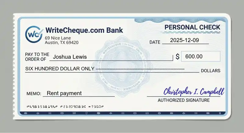Cheque example for 600