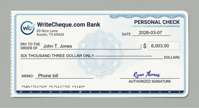 Cheque example for 6003