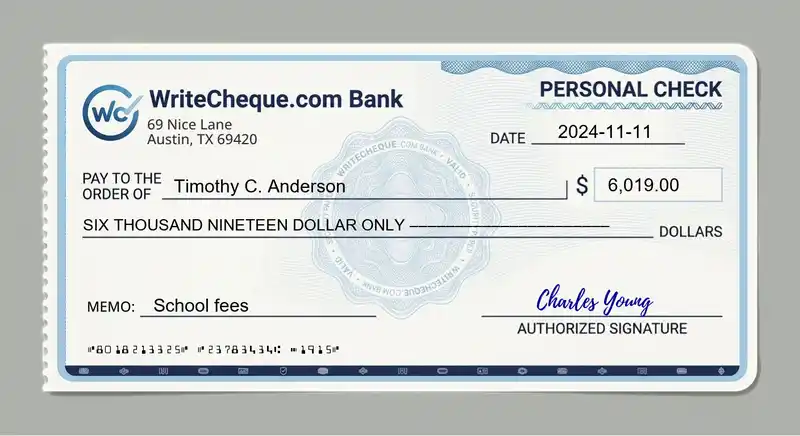 Cheque example for 6019
