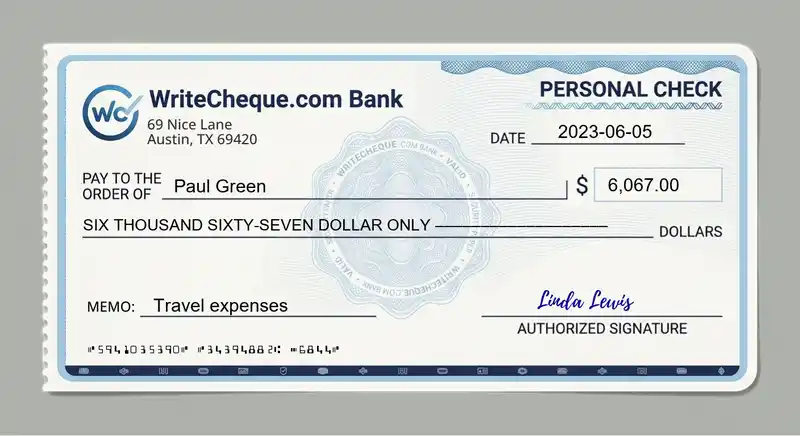Cheque example for 6067