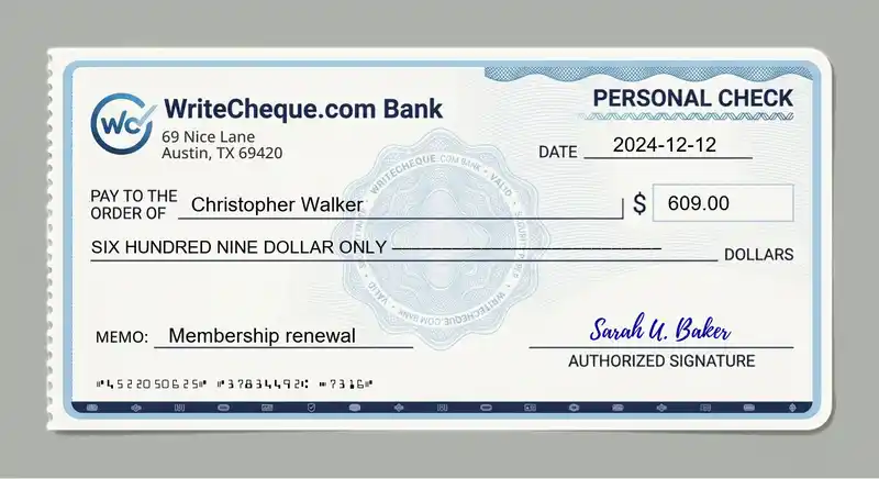 Cheque example for 609